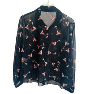 Zara Black Sheer Blouse with Red Martini Design